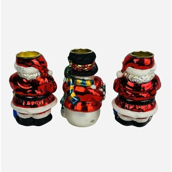 Traditions Blown Glass Christmas Tea Light Candle Holder Set of 3 Santa Snowman - Picture 4 of 12